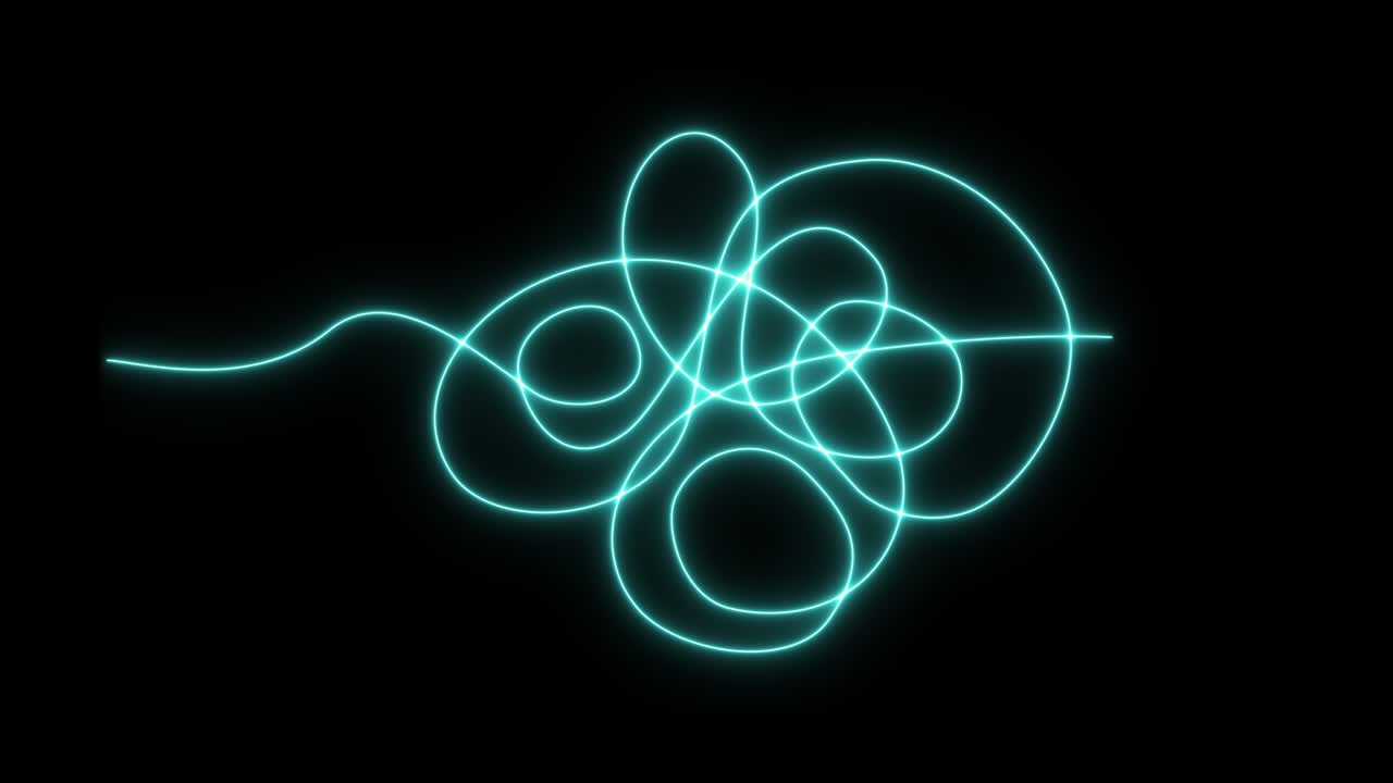 las luces de neón de la animación se enredan en el fondo de la pared negra. las líneas de neón parpadeantes se iluminan en abstracto caótico. el espectro multicolor de animación luces fluorescentes brillantes. interfaz de video 4k moderna