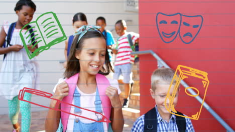 animation of school icons over school children at school