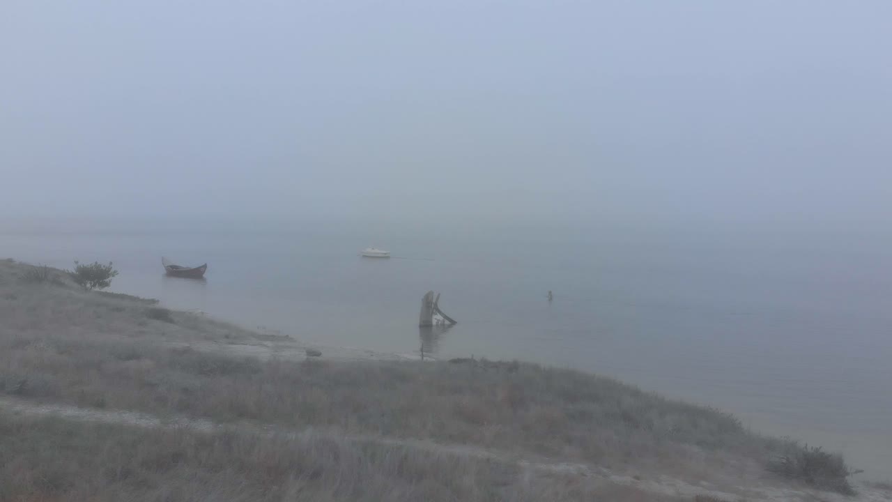 모래, 물, 덤불이 있는 자연 보호 구역의 강변의 공중 전망