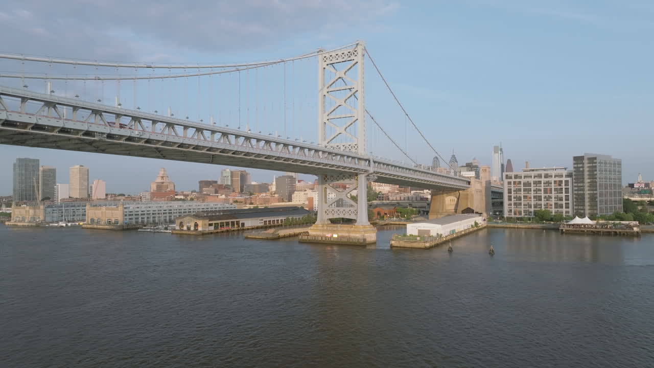 Establishing shot of Philadelphia's Ben Franklin Bridge. Shot on a summer morning