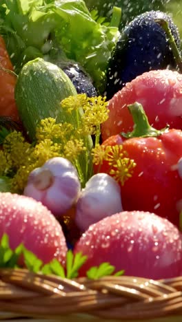 fresh, wet vegetables in a basket