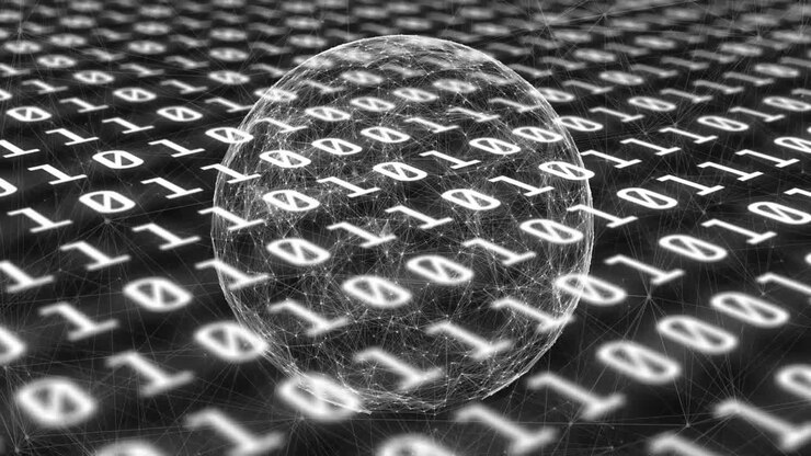 Digital animation of globe of network of connections against binary coding on black background