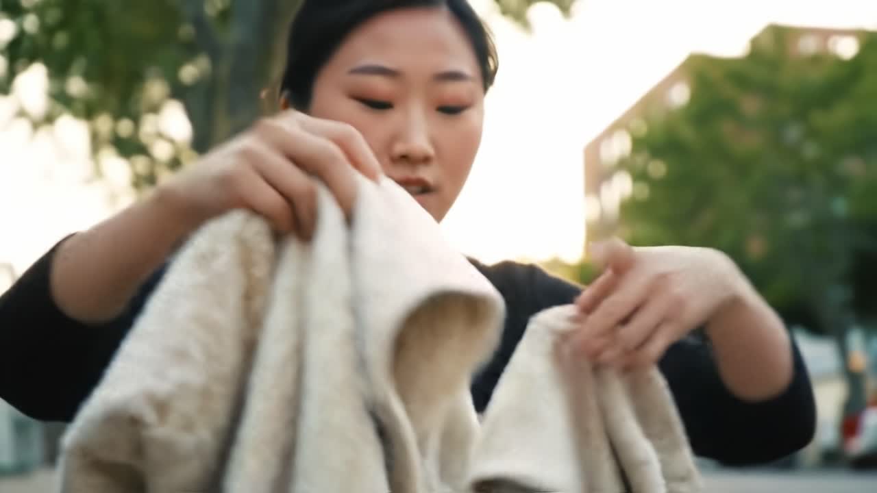 A Heartwarming Encounter: A Person Gently Interacting with a Cat While Showcasing a Soft, Cozy Blanket on a Picturesque Evening