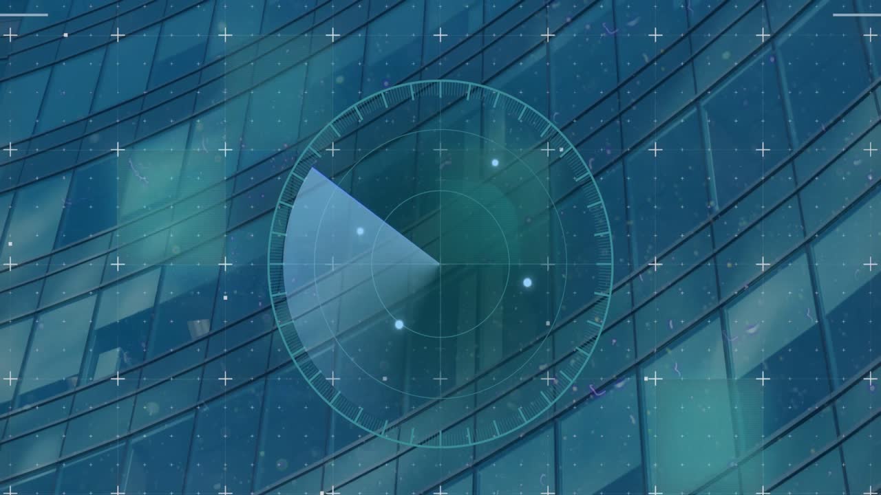 현대 건물 배경 위에 오류가 있는 스 ⁇  스캐닝과 조명의 애니메이션