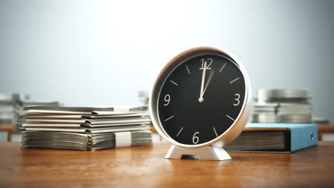 the office room with the wooden desk and white clock. animation of corporate paperwork with stacks of documents, binders and papers increasing and decreasing during timelapse.