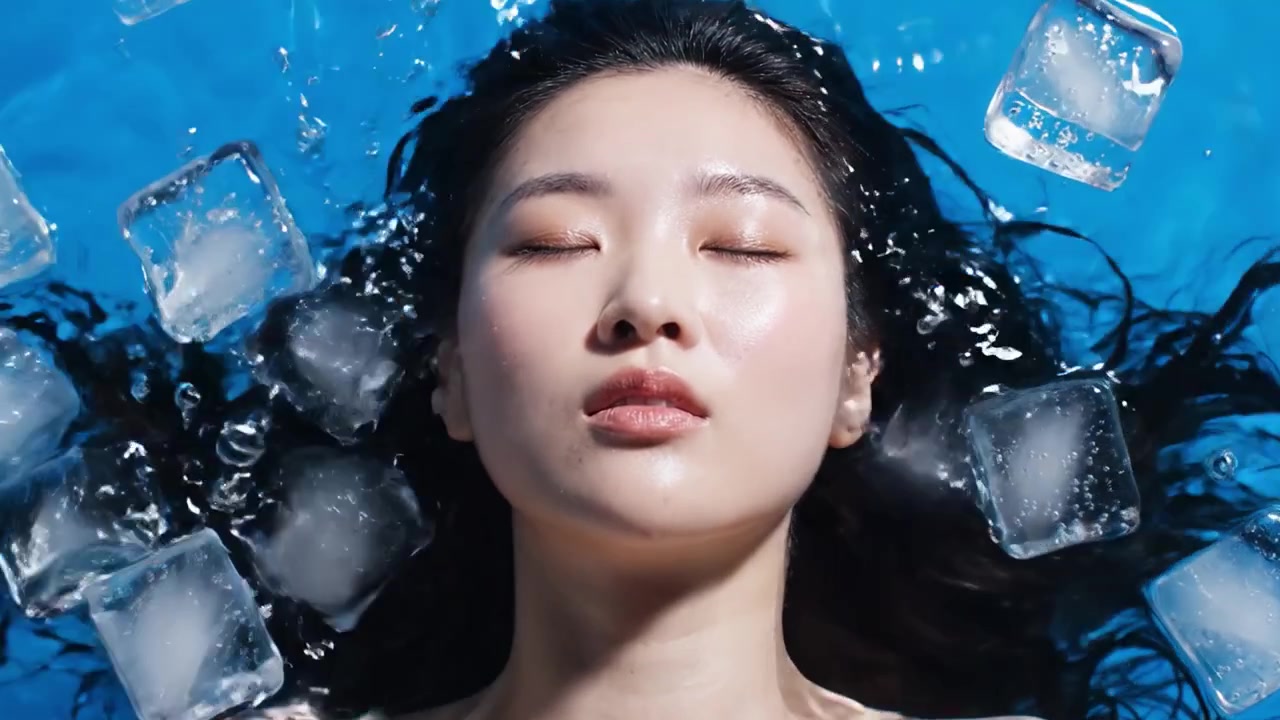 Un Momento Sereno Sott'Acqua: Catturando la Tranquilla Bellezza di una Giovane Donna con Capelli Fluttuanti Circondata da Cubetti di Ghiaccio in una Calma Piscina Blu