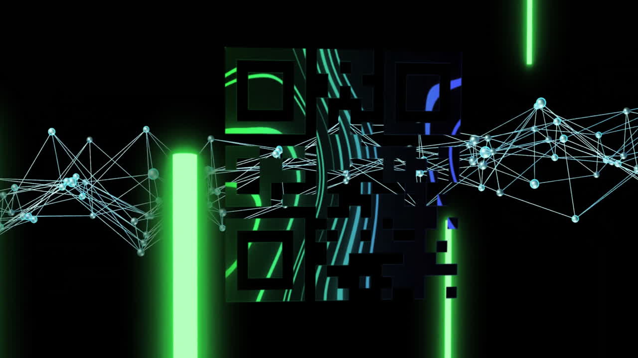 QR code glowing with green neon lights and digital network animation background