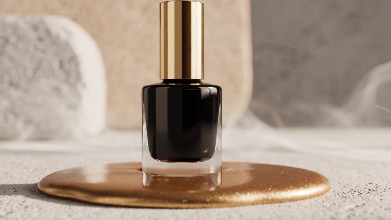 Bottiglia elegante di smalto nero su una superficie dorata lucida con uno sfondo chic, che mostra un'estetica di trucco alla moda per gli appassionati di bellezza moderna.