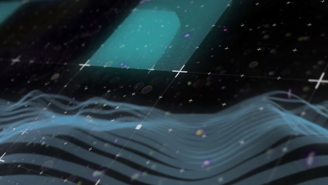 animación de glitch y cruces sobre ondas azules sobre fondo negro