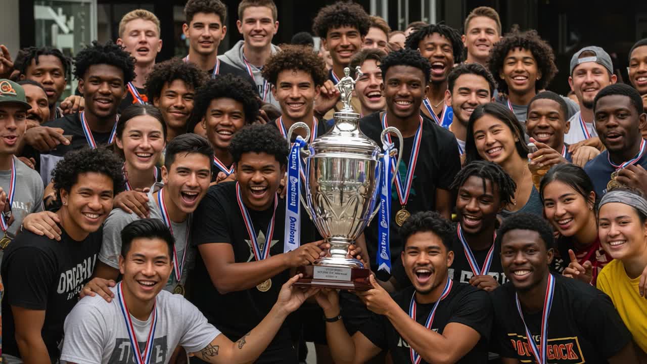 Celebrating Victory: A Group of Enthusiastic Athletes Coming Together to Showcase Their Achievement with a Championship Trophy in a Joyous Atmosphere