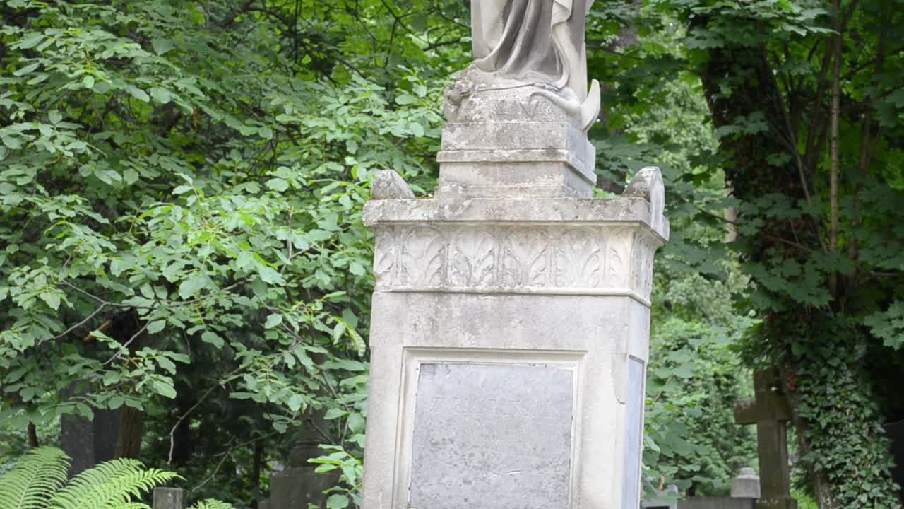 Statua sullo sfondo di alberi. Leopoli, Ucraina. Cimitero di Lychakiv, il complesso monumentale storico e commemorativo (dal 1991) a Leopoli, nel quartiere storico di Lychakiv, uno dei cimiteri più antichi dell'Ucraina