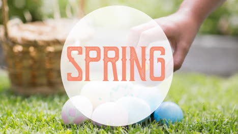 animación del texto de primavera sobre la mano recogiendo huevos de pascua