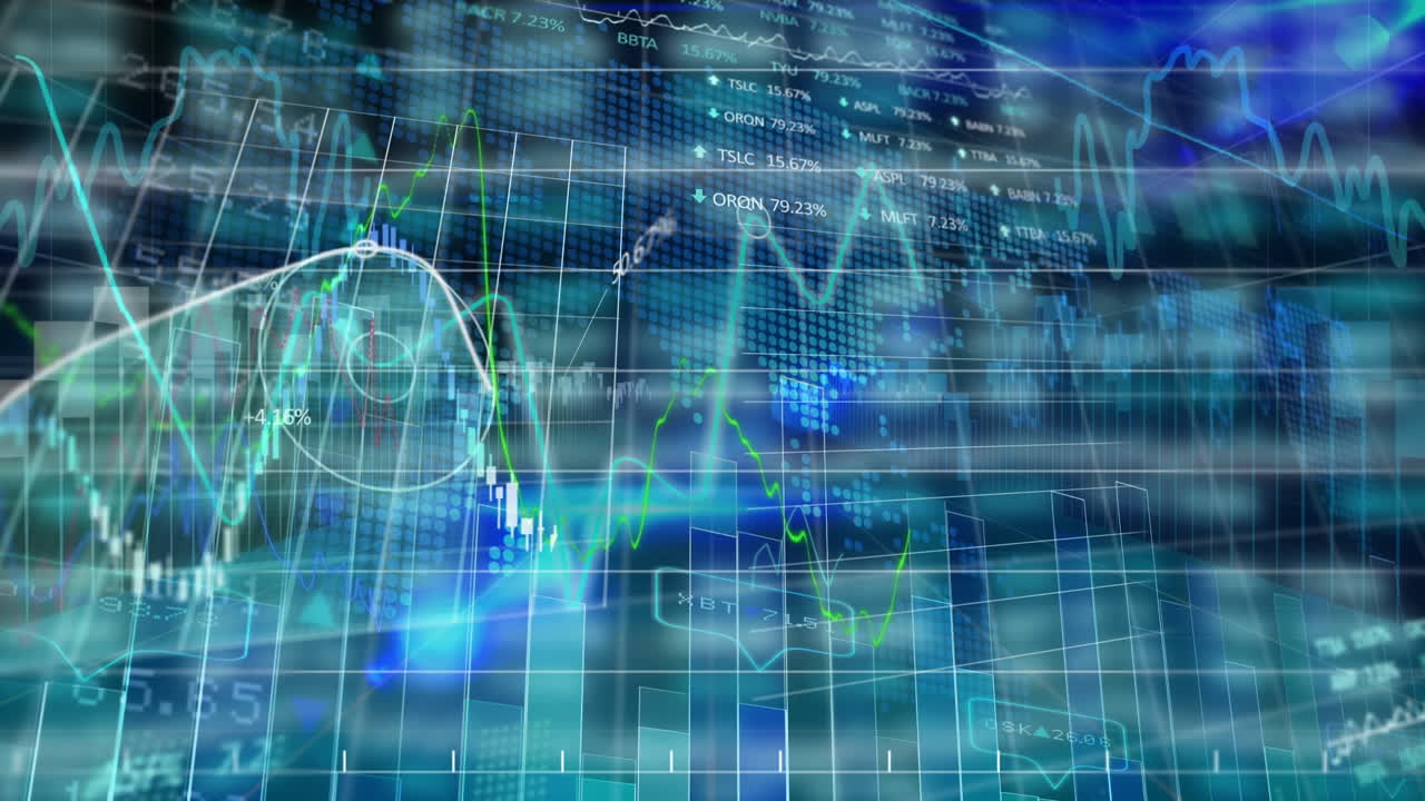 Animation of financial data processing over lines fluctuating