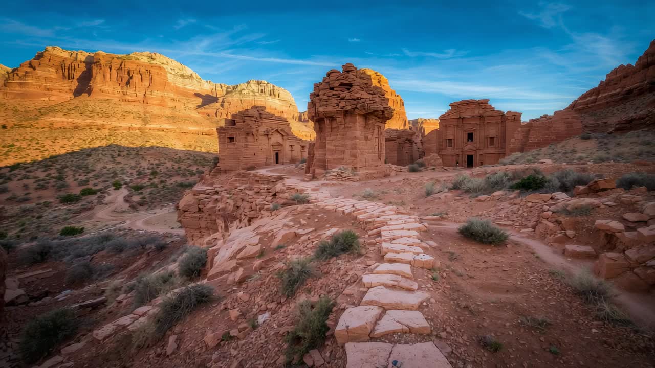 Approaching camera revealing sandstone ruins and masonry details on desert canyon ridge, paved path