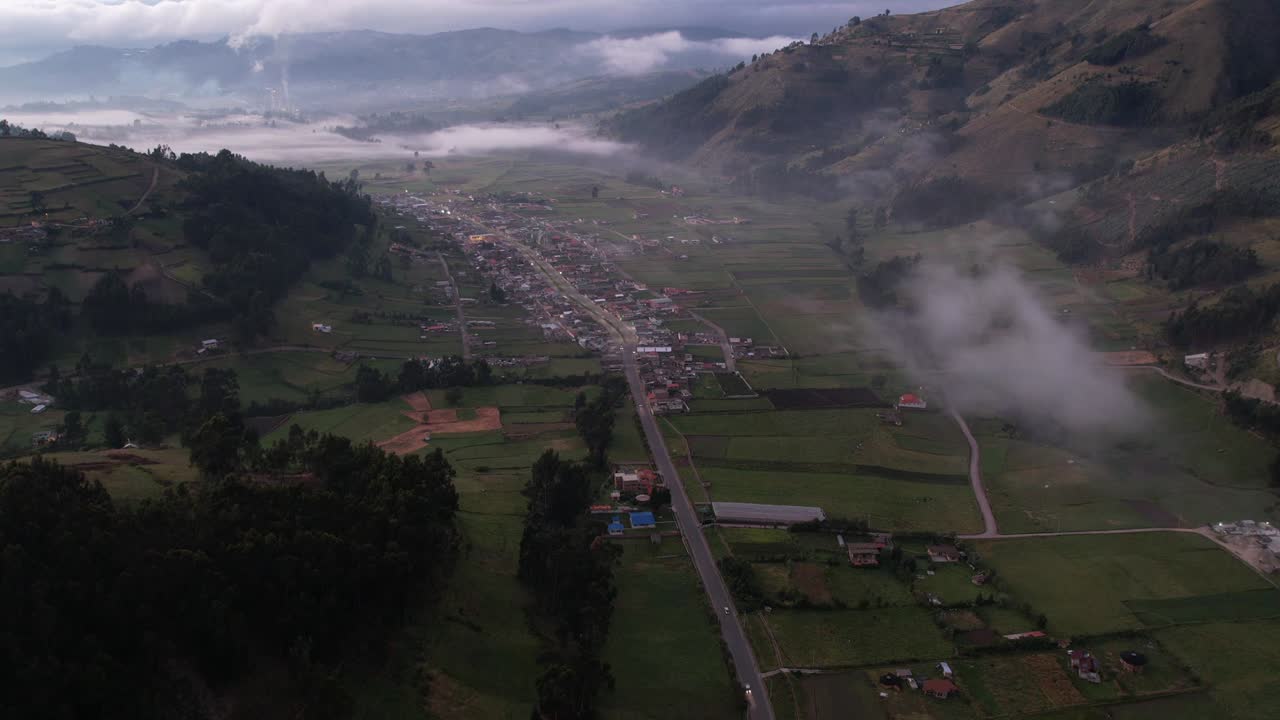 4K drone timelapse orbit at sunrise over a mountain village near Chimborazo, Ecuador. Captures fog, clouds, and dramatic light in a peaceful highland Andean landscape.