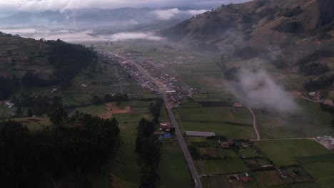 4k drone timelapse orbit at sunrise over a mountain village near chimborazo, ecuador. captures fog, clouds, and dramatic light in a peaceful highland andean landscape.