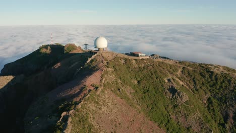 aerial of military radar station on top of highest mountain in madeira