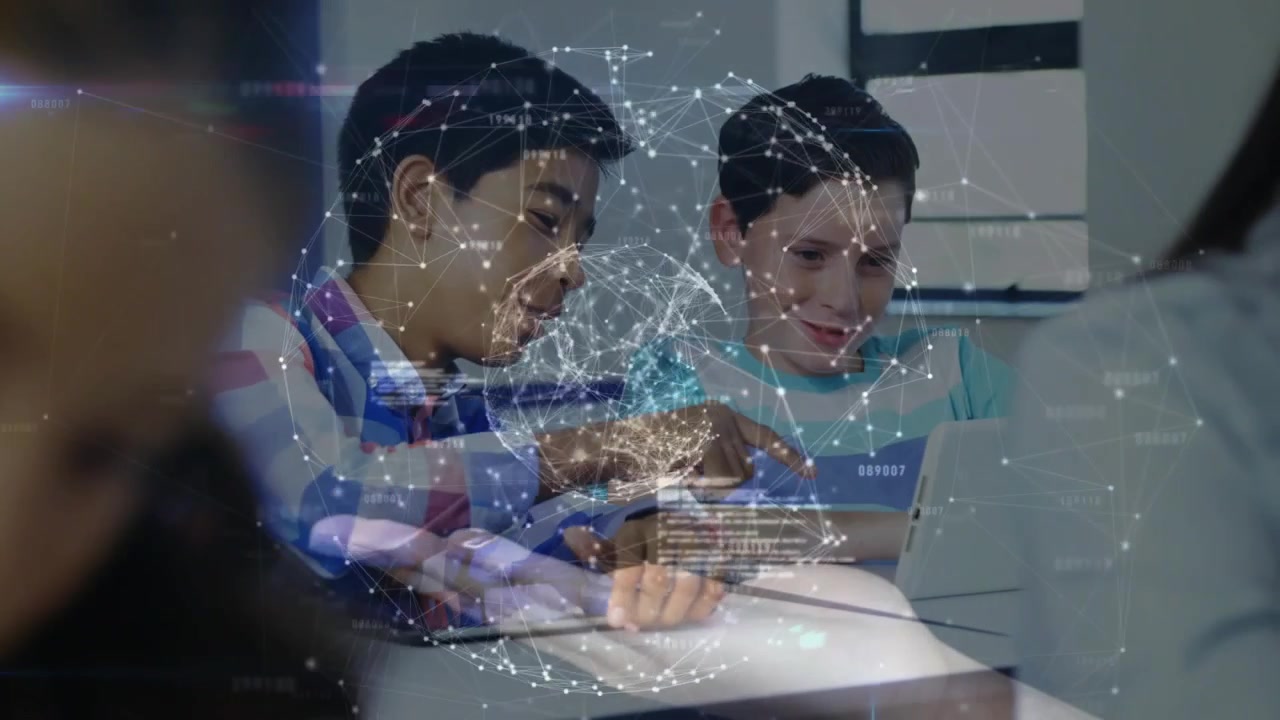 Classmates tapping tablet starting code scrolling revealing holographic network globe for edtech