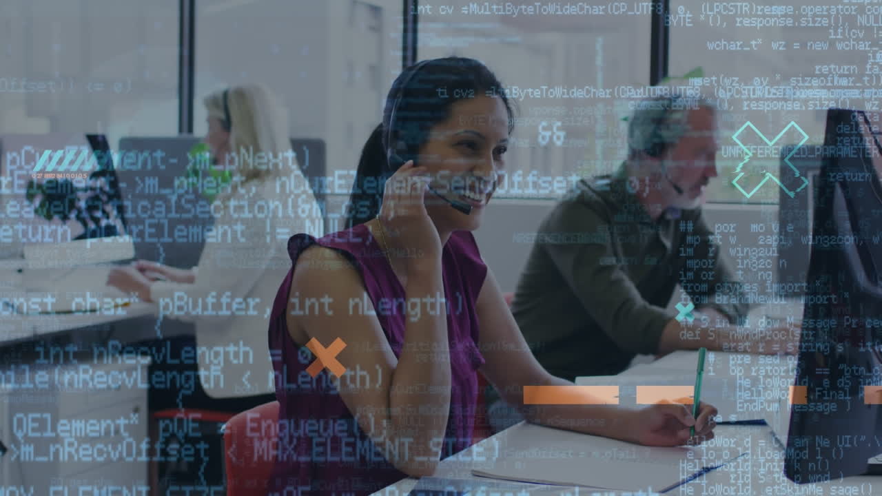 Animation of data processing over diverse business people working in office