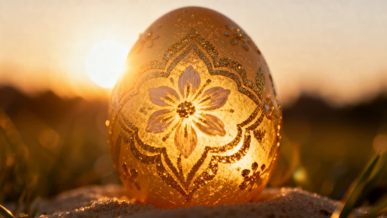 Sun rising moving behind left of golden egg on sandy mound, intensifying floral motif glow