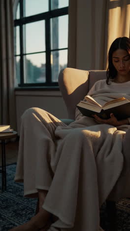woman reading in armchair by window