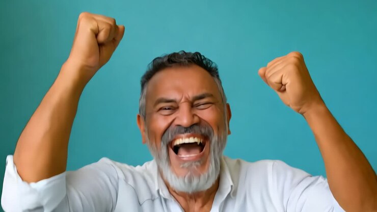 Un uomo con la barba bianca e una camicia bianca sorride e alza i pugni in aria