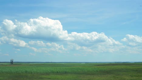 Time-lapse-of-beautiful-white-fast-moving-clouds-and-sky-in-sunny-day-at-lake-Liepaja-birdwatching-tower,-wide-shot