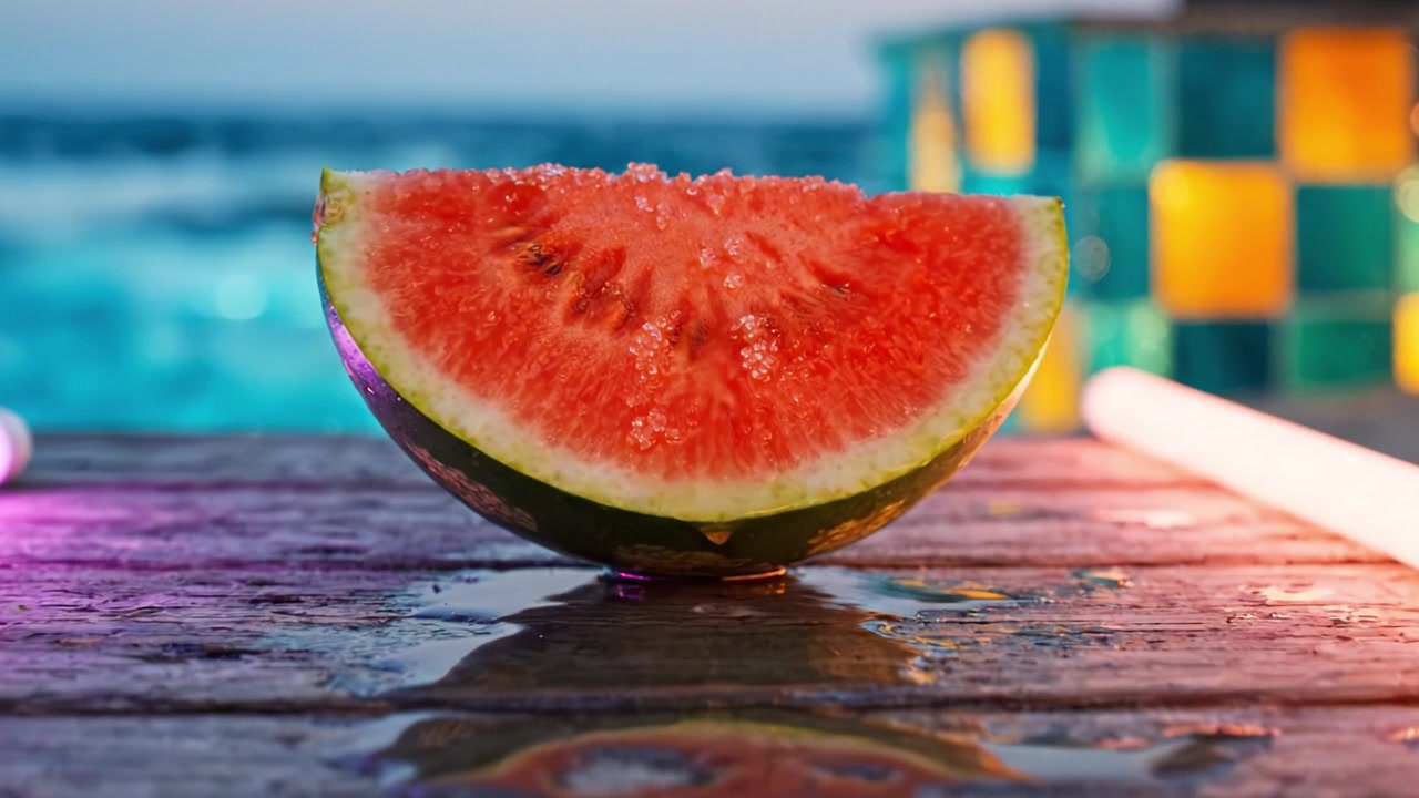 Primo piano di una metà di anguria fresca che luccica alla luce del sole, mostrando la sua polpa rossa vibrante e la sua texture unica contro uno sfondo colorato in riva al mare.