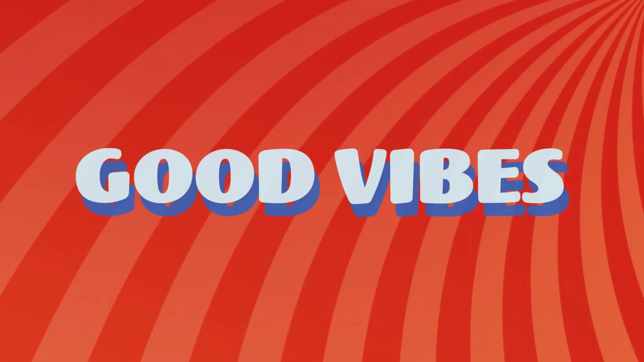 Animasjon av tekstbanner med «god stemning» mot spinnende radiale stråler på oransje bakgrunn.