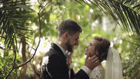 recién casados. novio caucásico con la novia en el parque. pareja de bodas. familia feliz