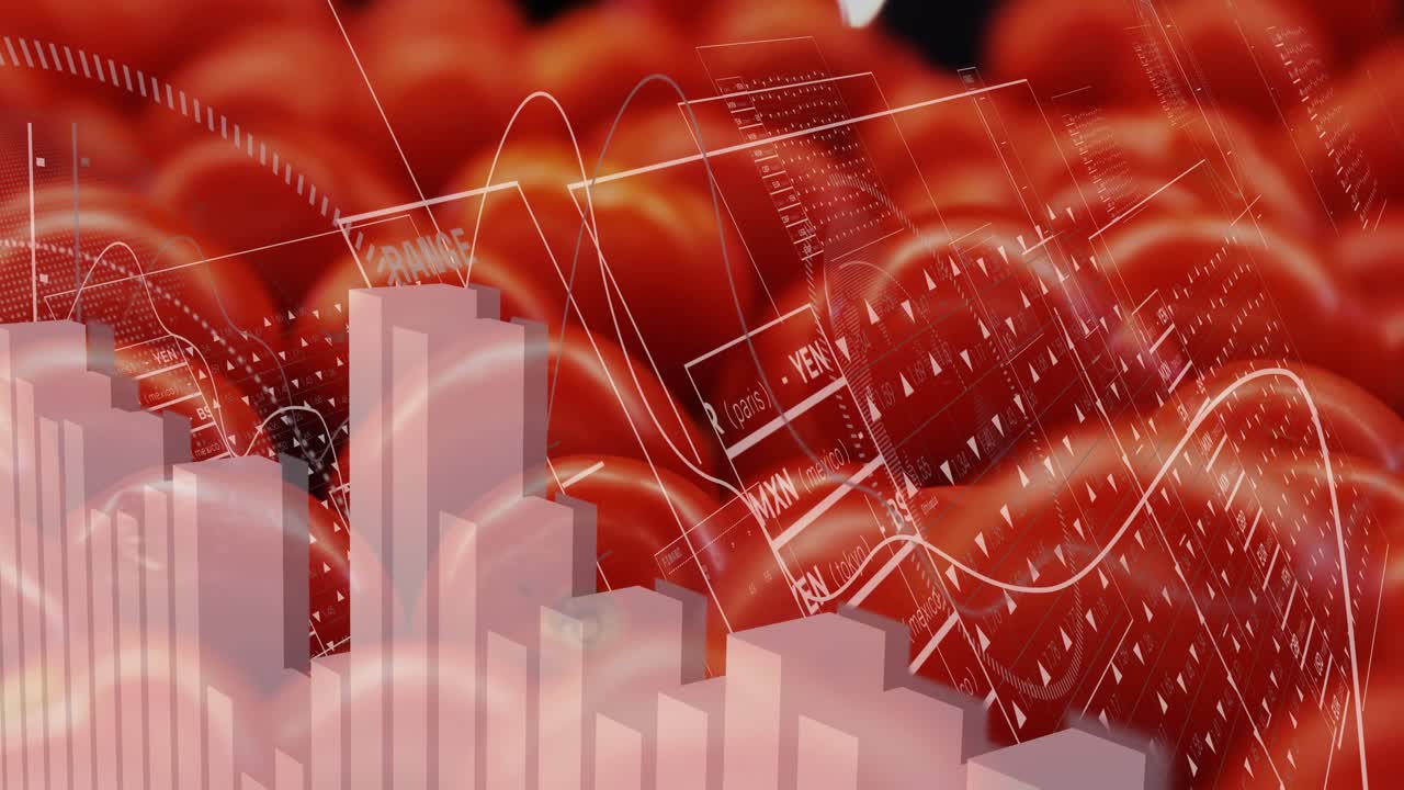 Tomato cluster filling view, camera pan starting light HUD panels sliding, bars rising showing data