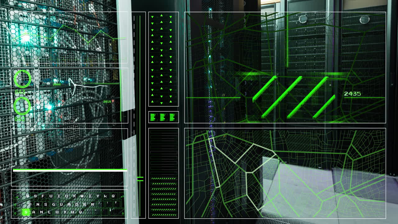 animación de círculos de carga, barras, líneas, patrón de navegación sobre la sala del servidor.