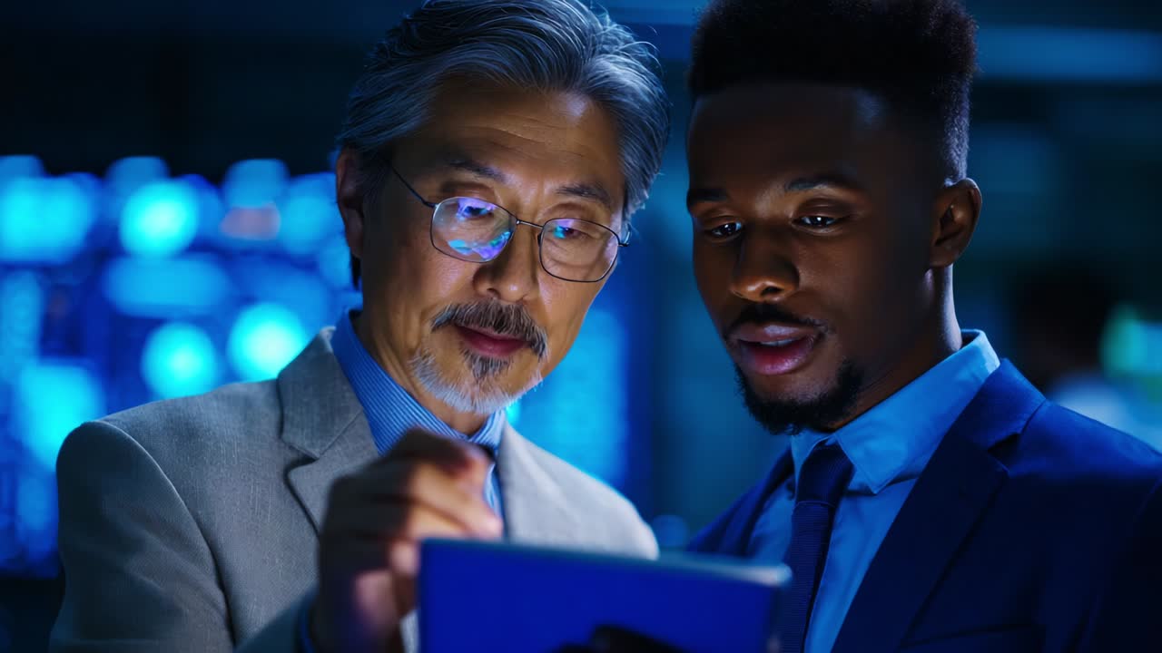 A Thought-Provoking Collaboration: Two Professionals Engaged in Meaningful Discussion While Analyzing Data on a Digital Tablet in a High-Tech Environment