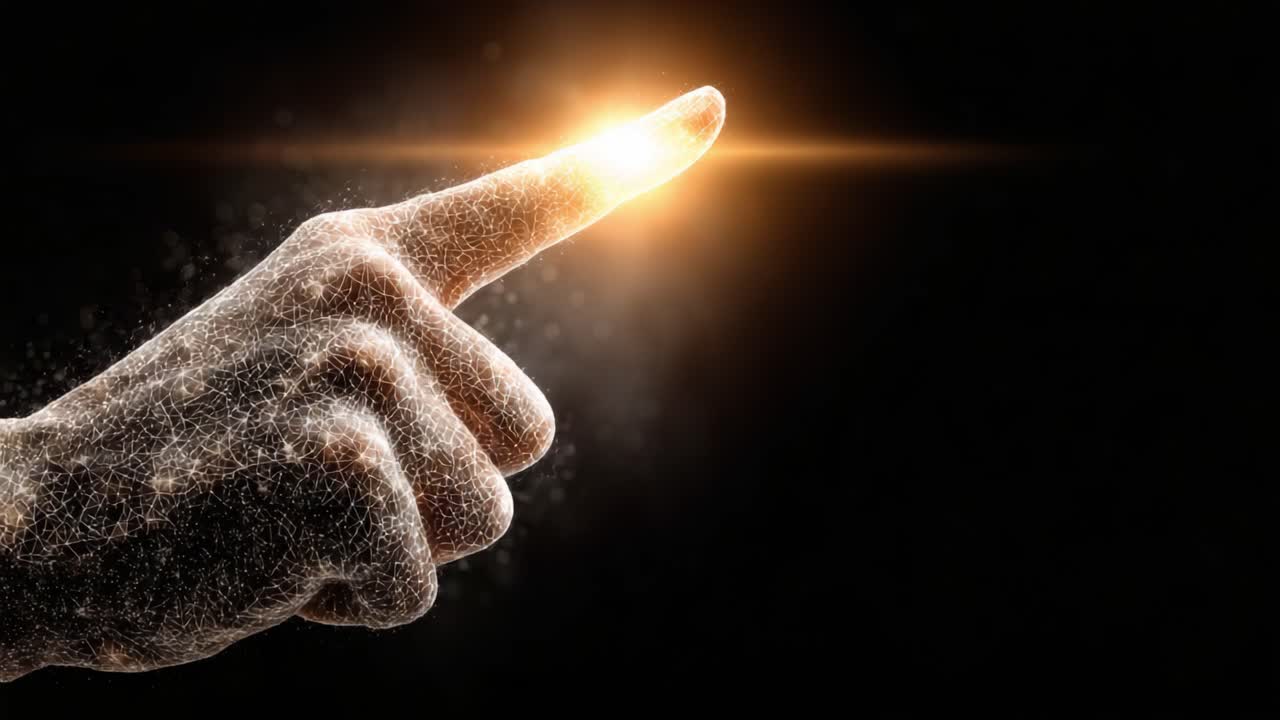 Dito puntato illuminato: un'accattivante rappresentazione visiva di connessione e creatività attraverso luce e movimento su uno sfondo scuro.