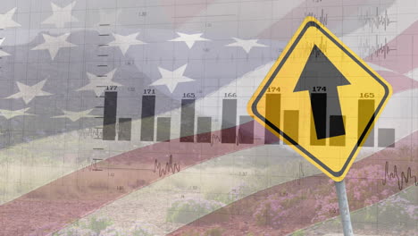 animación de procesamiento de datos financieros y señal de tráfico sobre bandera de ee.uu. y paisaje