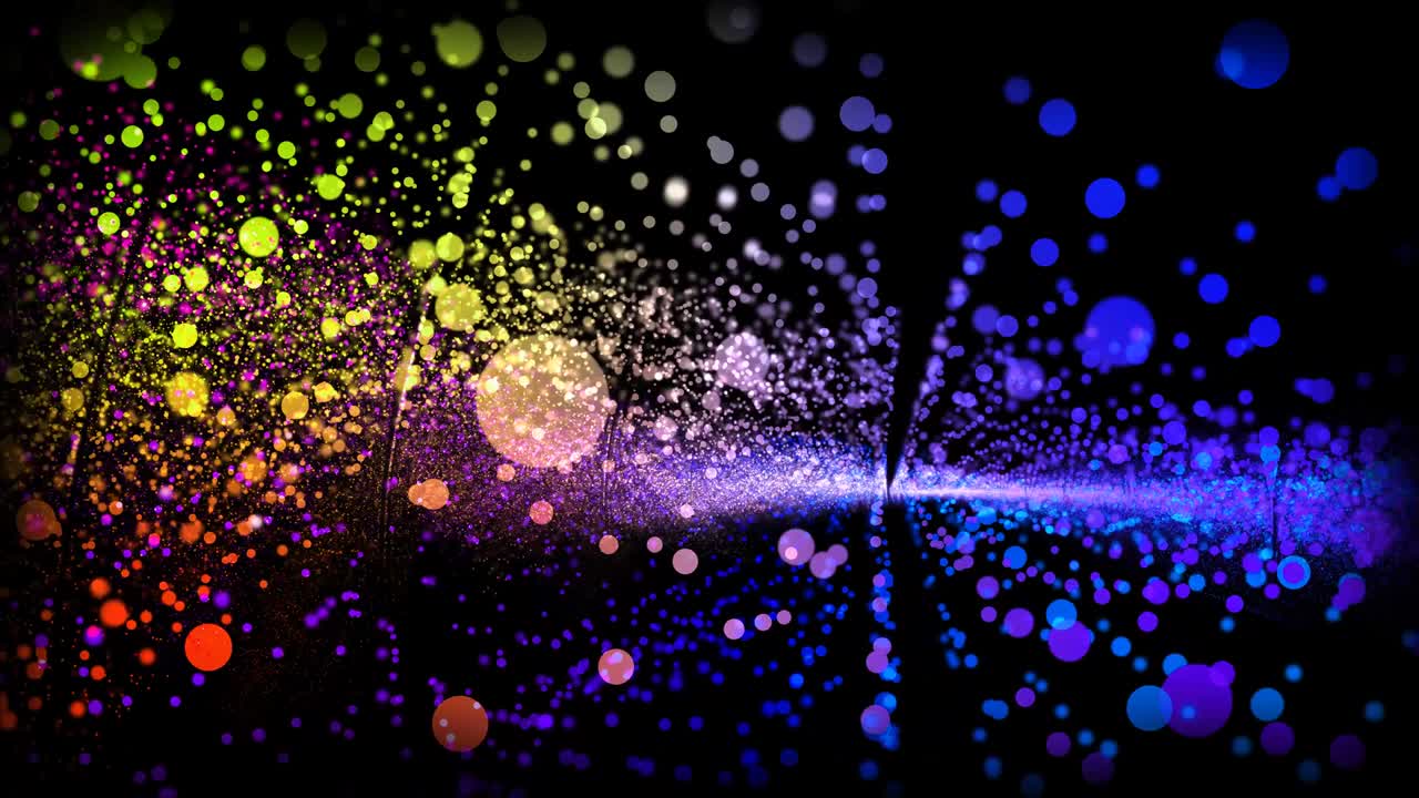 Futuristic abstract rainbow million particles glitter waveform dimension oscillation, visualization wave technology digital violet tone in the end