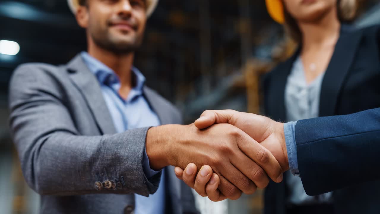 Two Business Professionals Engaged in a Confident Handshake, Signifying Trust and Partnership in a Contemporary Industrial Environment, Highlighting Commitment to Collaboration and Success