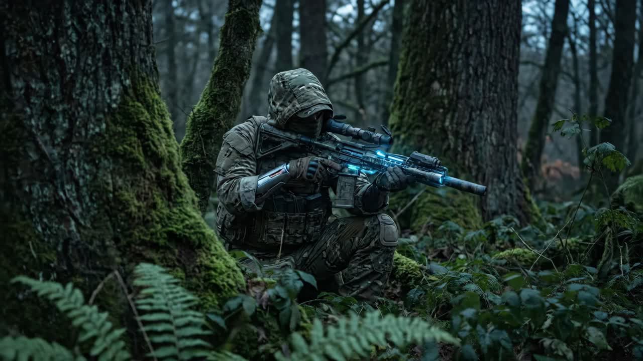 Soldato futuristico con fucile luminoso accovacciato in una foresta oscura