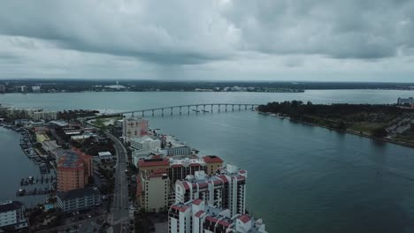 causeway bridge, clearwater, florida, hotels, rain, clouds aerial,