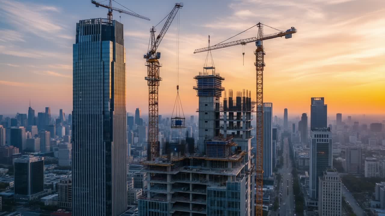 Construction Progress of a Modern Skyscraper Captured at Sunset and Night, Showcasing Cranes, Urban Landscape, and Architectural Development