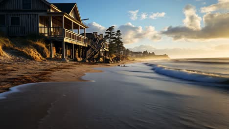 beautiful coastal sunset with beach houses and gentle waves