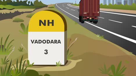 fotografía de animación de un hito de la autopista que muestra la distancia a la ciudad de vadodara de gujarat, india, con un camión de carga que pasa por la carretera