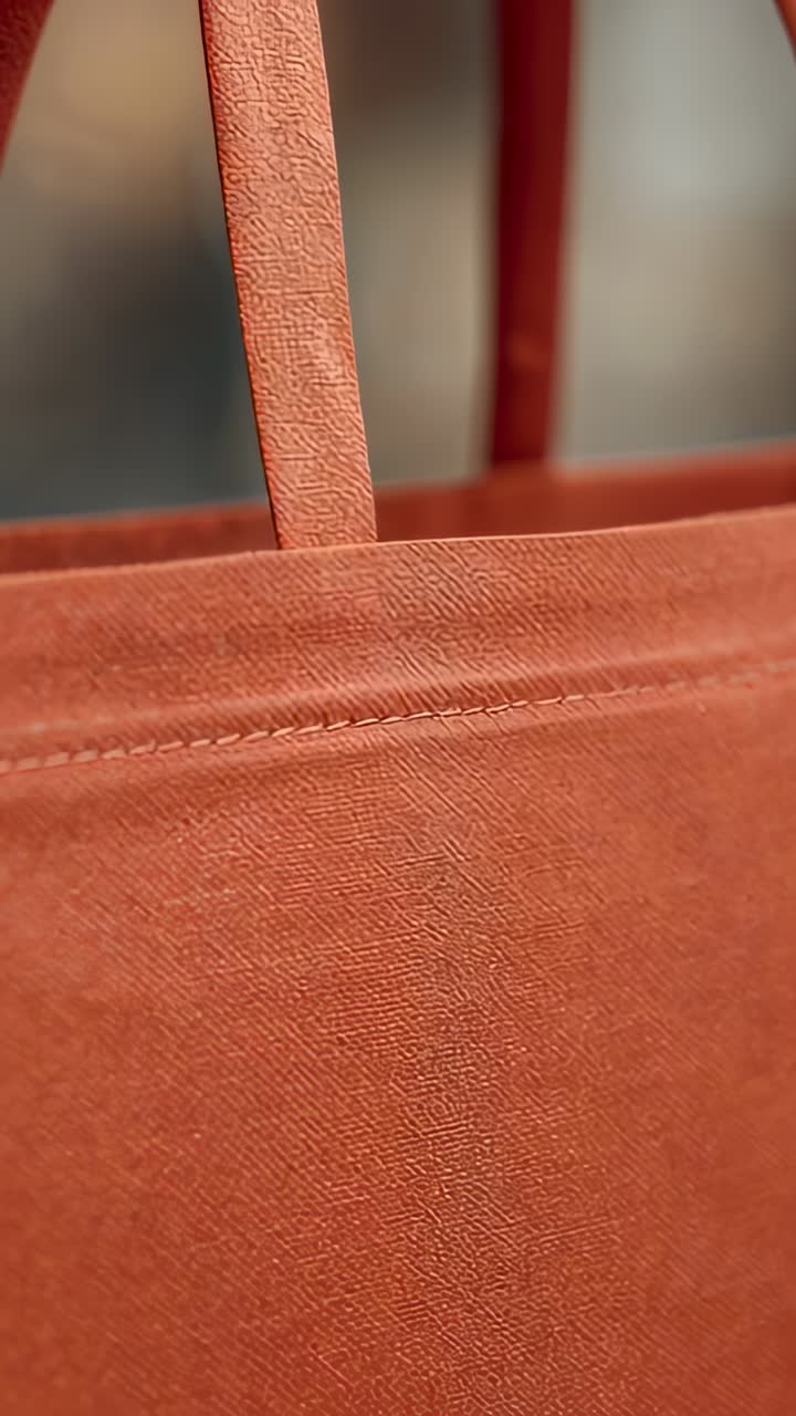 Video verticale: carrellata con la fotocamera che rivela una borsa tote arancione in studio, mostrando la grana della cucitura del cinturino per la pubblicità