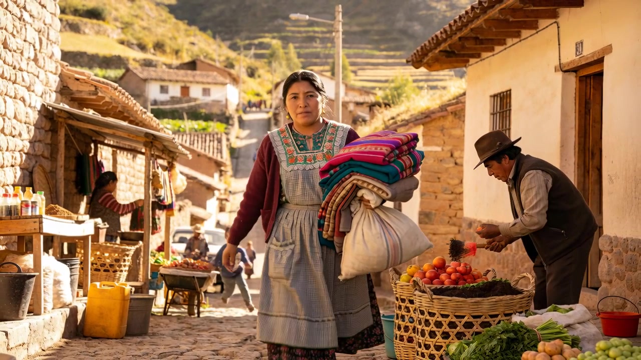 Donna che entra con una gonna andina, trasportando coperte e un sacco attraverso un mercato, venditore che seleziona i pomodori