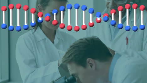 animación de la cadena de adn sobre diversos científicos que trabajan en el laboratorio