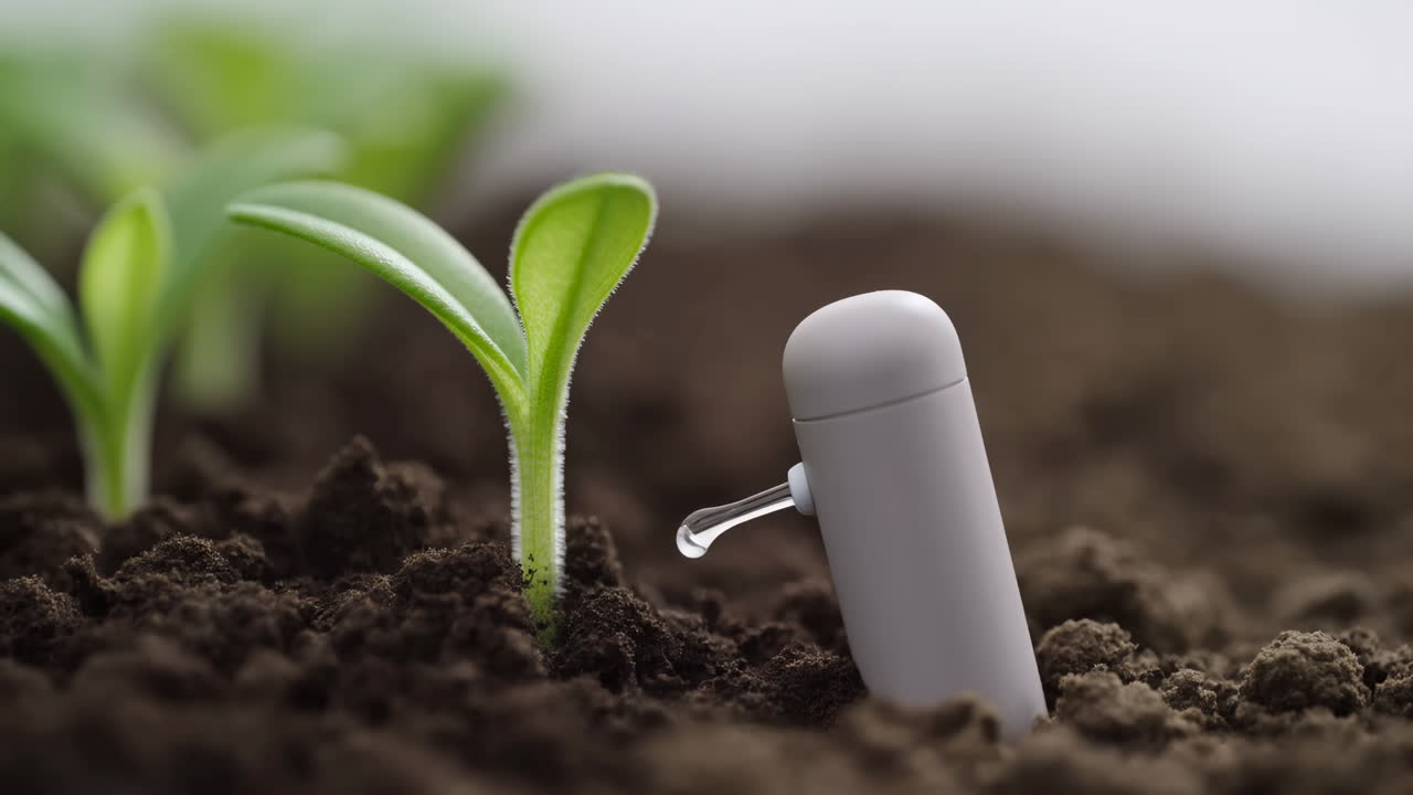 Dispositivo intelligente che innaffia una giovane piantina verde nel terreno
