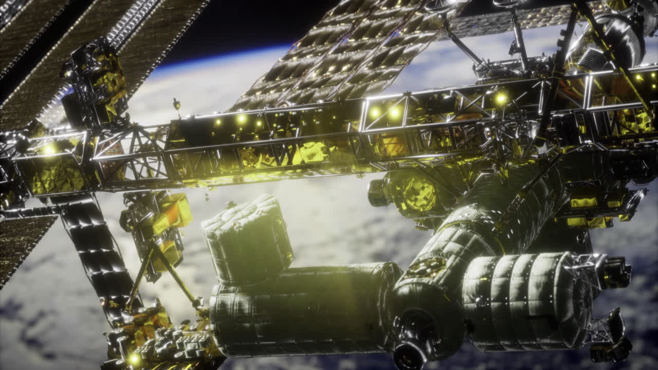 Space station orbiting earth during a twilight moment in the cosmos