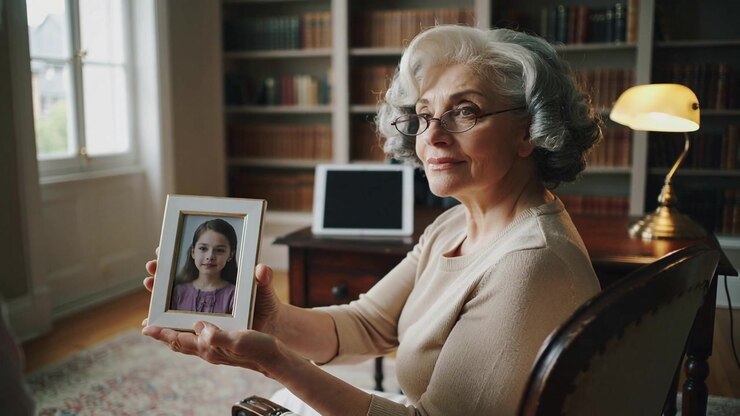 Presenting senior woman in beige sweater holding white frame at home study, visitor entering