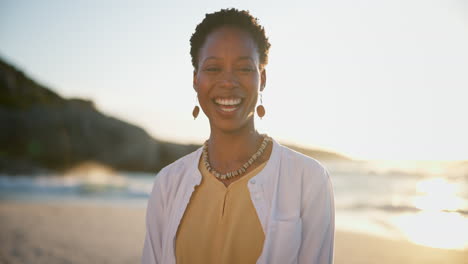 Black-woman,-face-and-happy-for-laughing-on-beach
