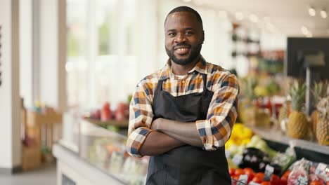 Porträt-Eines-Schwarzhäutigen-Mannes-In-Kariertem-Hemd-Und-Schwarzer-Schürze,-Der-Die-Arme-Vor-Der-Brust-Verschränkt-Und-In-Einem-Supermarkt-In-Die-Kamera-Blickt